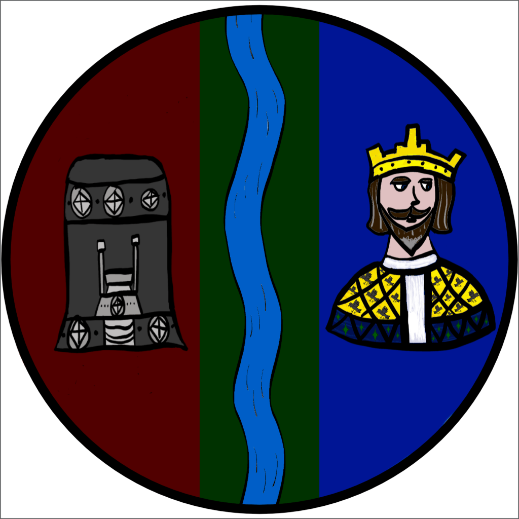 The emblem of Middlesbrooke: a throne on a red background, a river on a green background, and a bust of Emperor Theobald on a blue background.