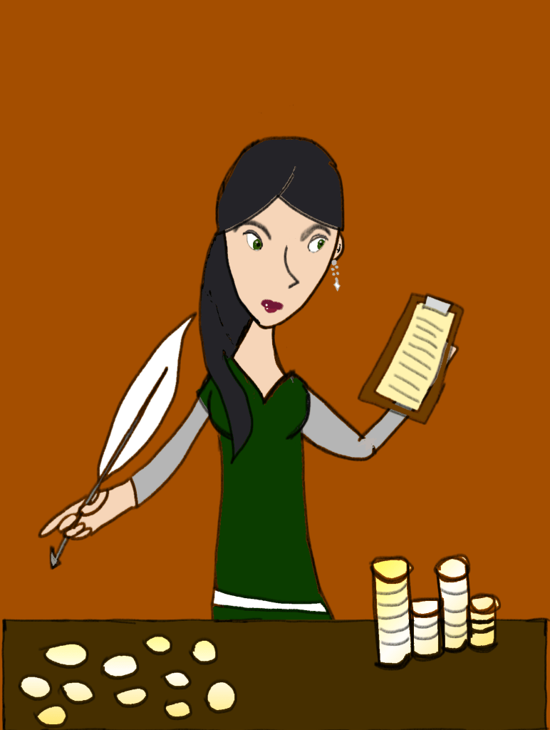 Estelle Darkstone with a pen, ledger and coins, doing some accouting.