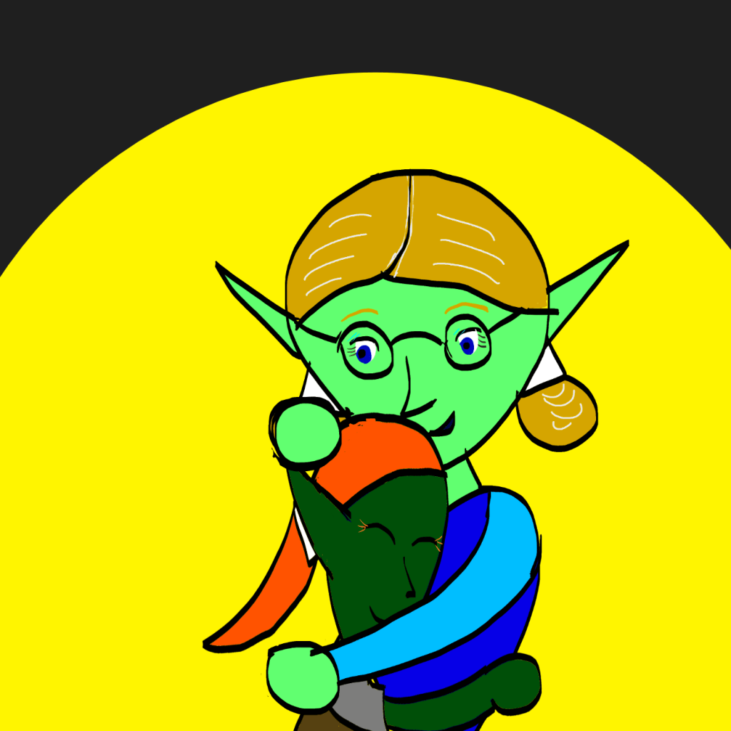 Eleonora Strahlend, a Goblin woman with glasses hugging her daughter Pela.