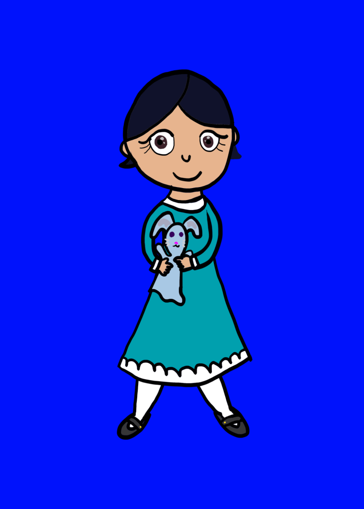 Sally Lyte, holding her stuffed rabbit Count Bunnyescu.