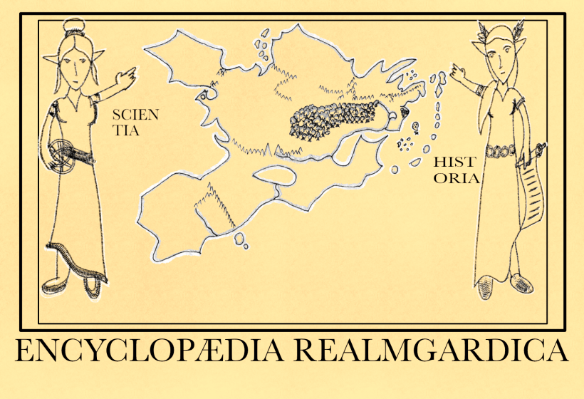 The frontispiece of the Encyclopedia Realmgardica, featuring personifications of Science and History and a map of Realmgard.