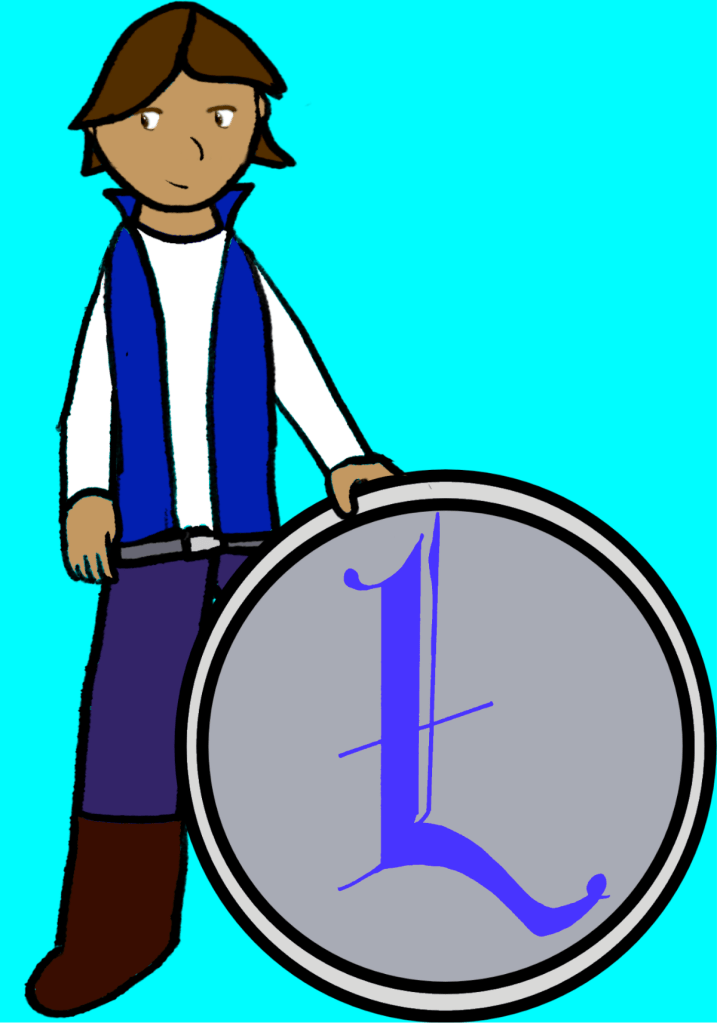 A new version of Nolan Lyte, holding a shield with a big Gothic letter L.