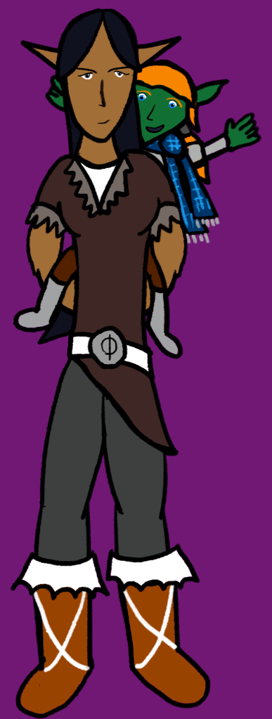 An in=progress drawing of Falcata giving Pela a piggyback ride.