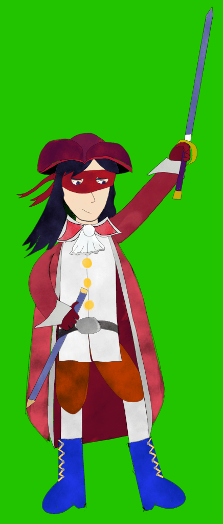 A picture of Realmgard character Alveric von Strom, a man with long black hair in a highwayman outfit.