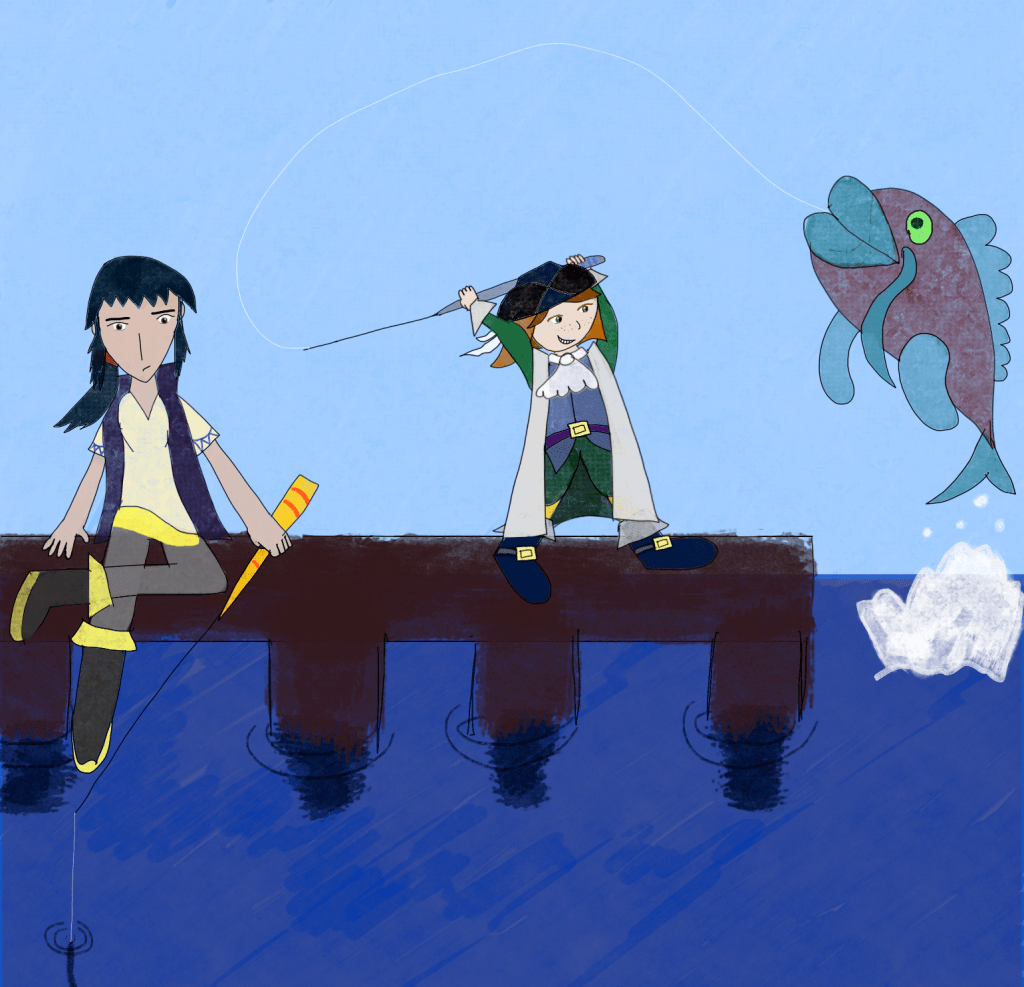 Kat and Dunstana Darkstone fishing off a dock.