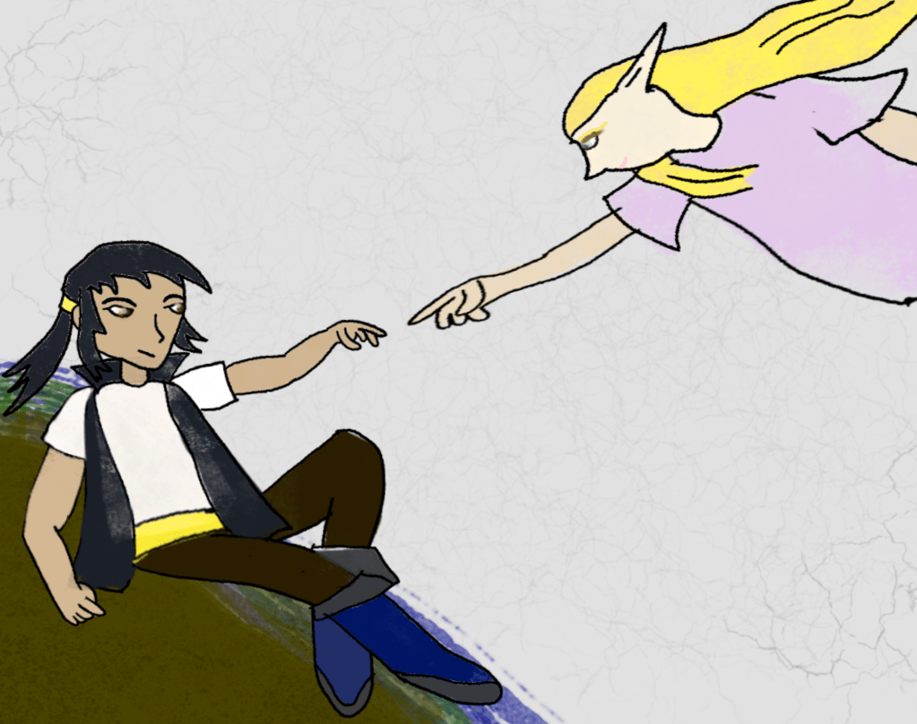 A parody of "The Creation of Adam" from the Sistine Chapel, featuring Kat Darkstone and Amara Valda.