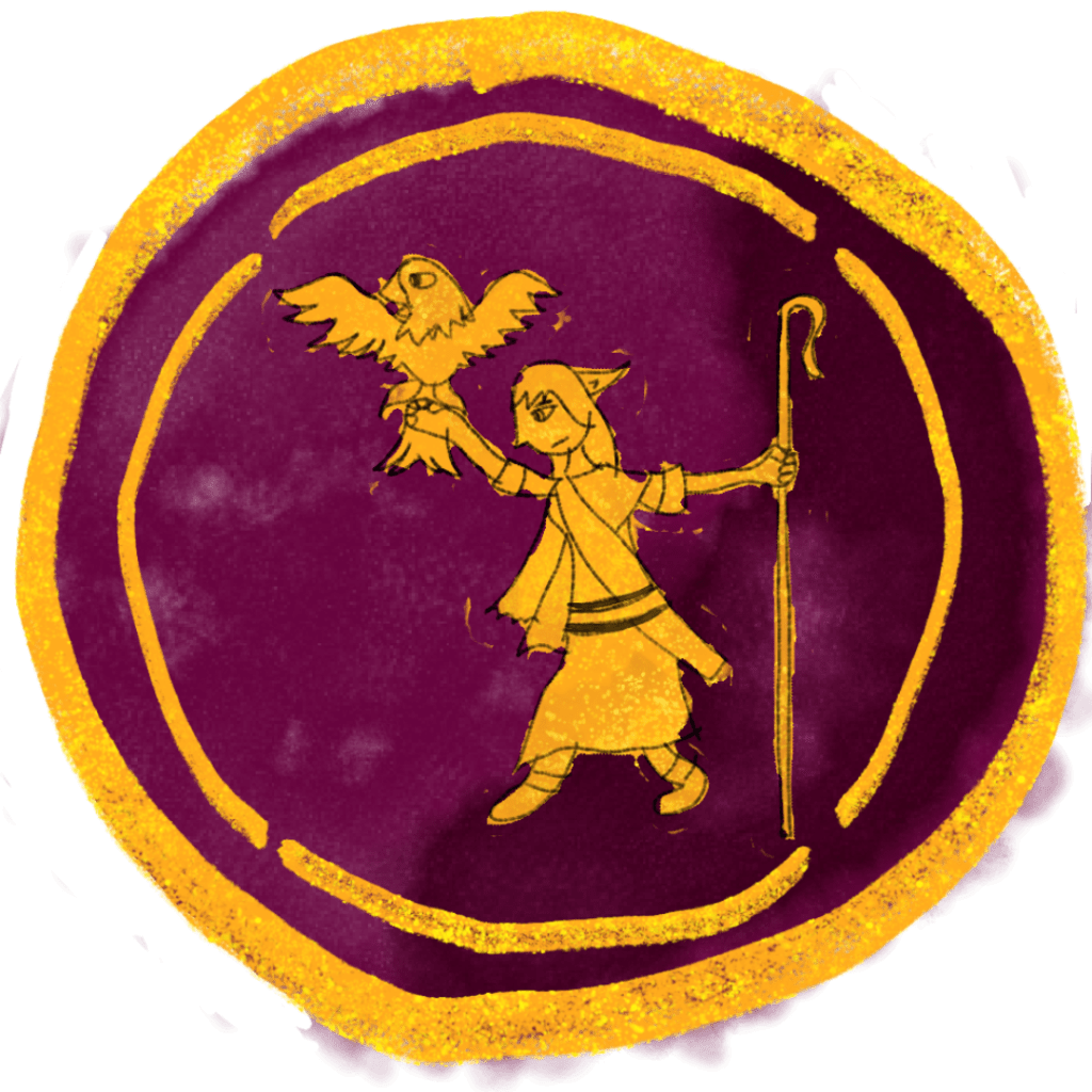 A digital painting of the emblem of Imperialis: the goddess Capitolina in gold on a Tyrian purple background.