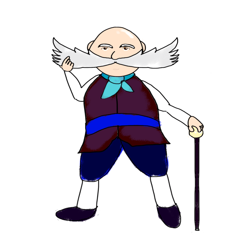 A picture of Sir Chiswick von Strontlebottom: a fat, bald man with an enormous moustache.