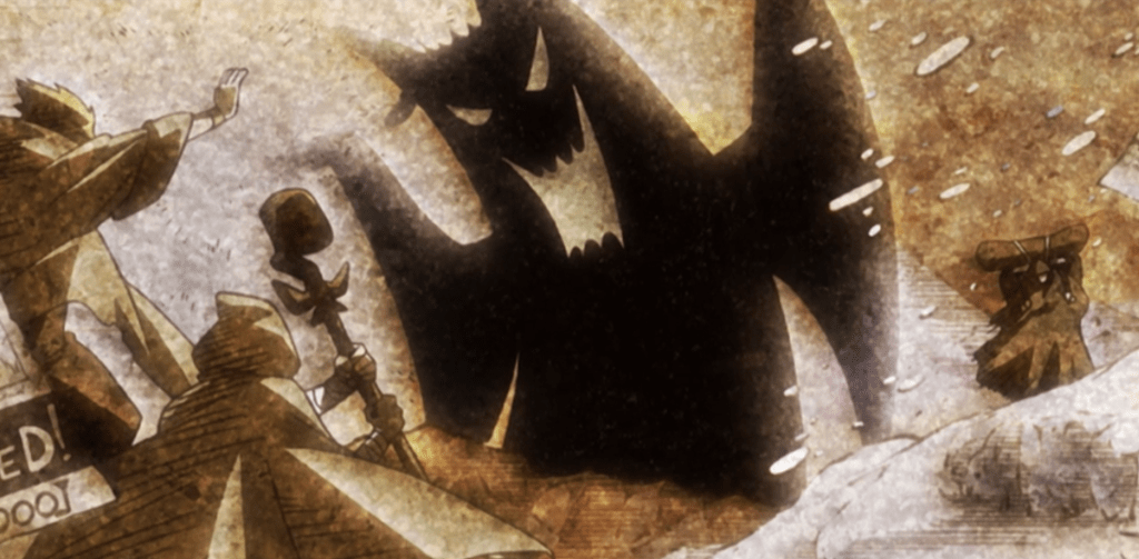 A screenshot of the illustrated opening sequence of an early episode of "Fairy Tail."