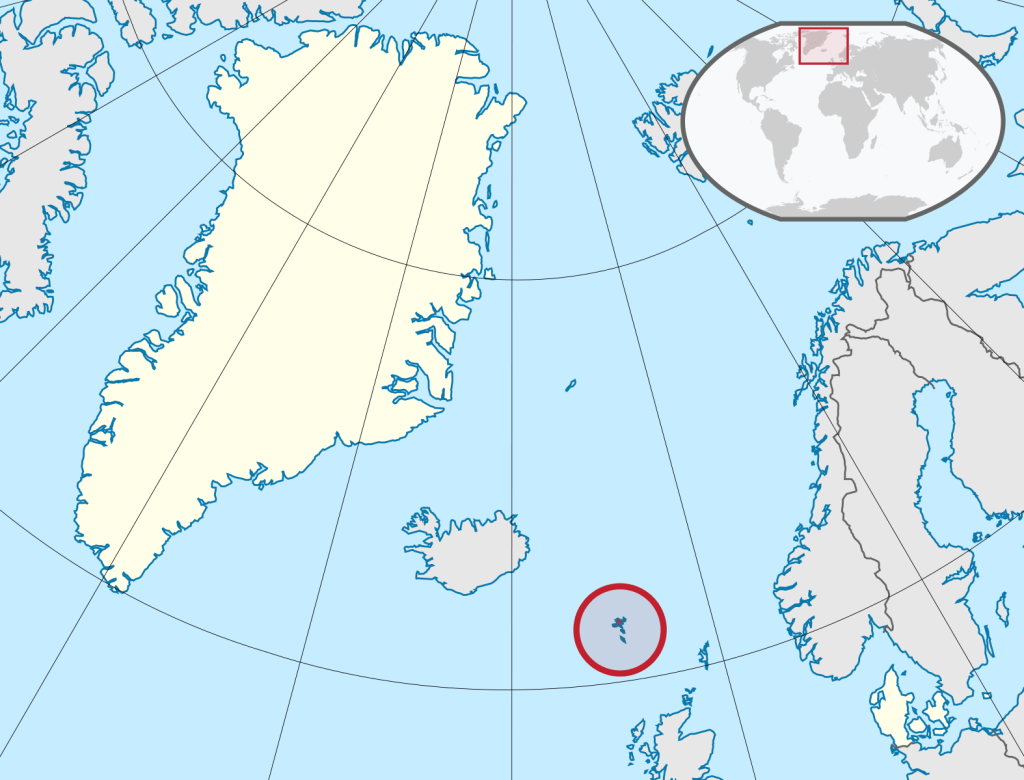 A map showing the location of the Faroe Islands, with the other territories of the Kingdom of Denmark highlighted in beige. 
