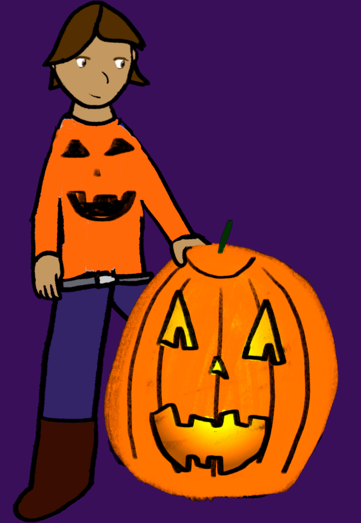 Nolan Lyte posing with a jack o lantern, while wearing a jack o lantern sweater.