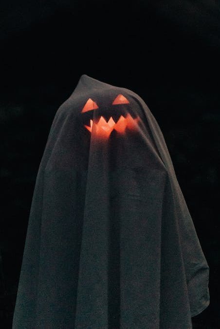 A jack-o-lantern ghost Halloween decoration.