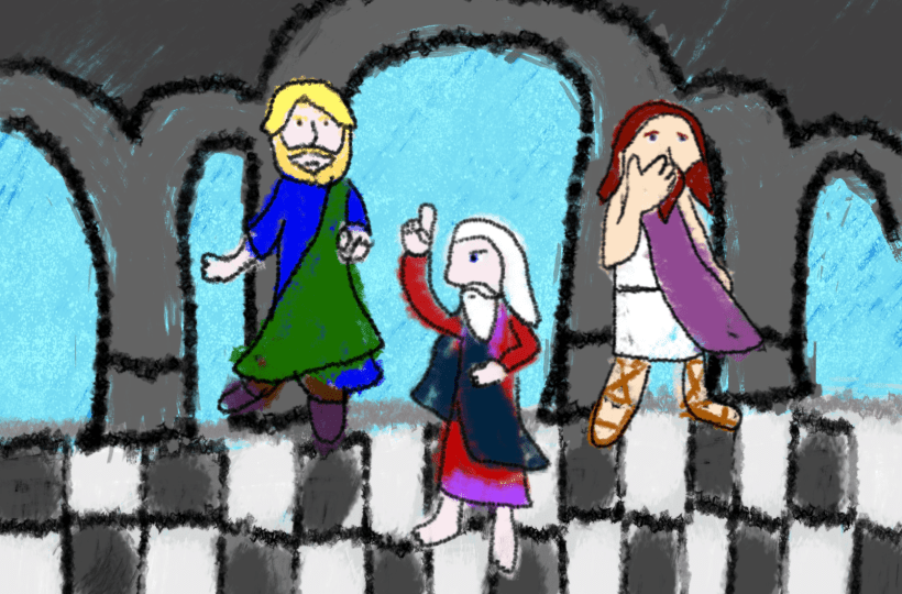 The Three Great Sages standing in an arcade.