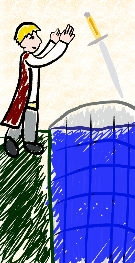 Saint Artemio throwing his sword in a well.