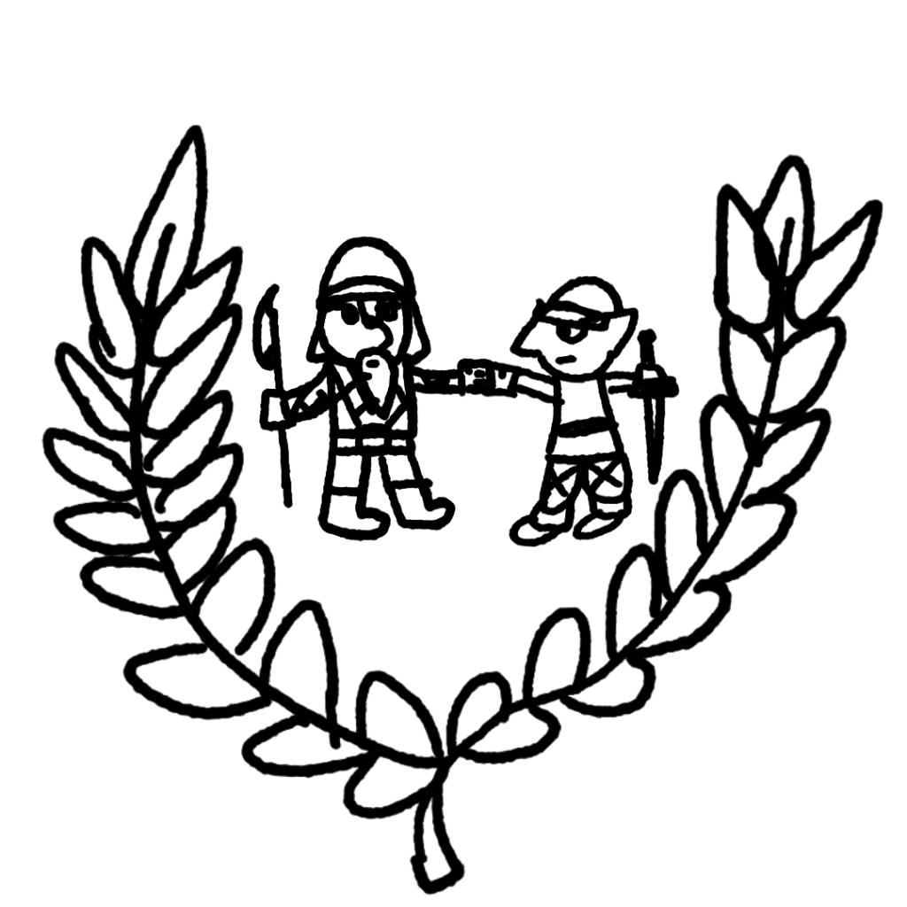 The emblem of the Dwarf-Goblin Alliance: a Dwarf and Goblin shaking hands surrounded by a laurel wreath.