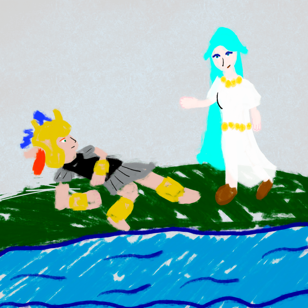 A fresco depicting the encounter between the Elf warrior Fulmen and the river goddess Creusa.