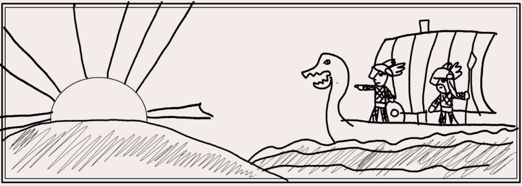 A manuscript illustration of Helgi and Hunding, two vikings in a boat.