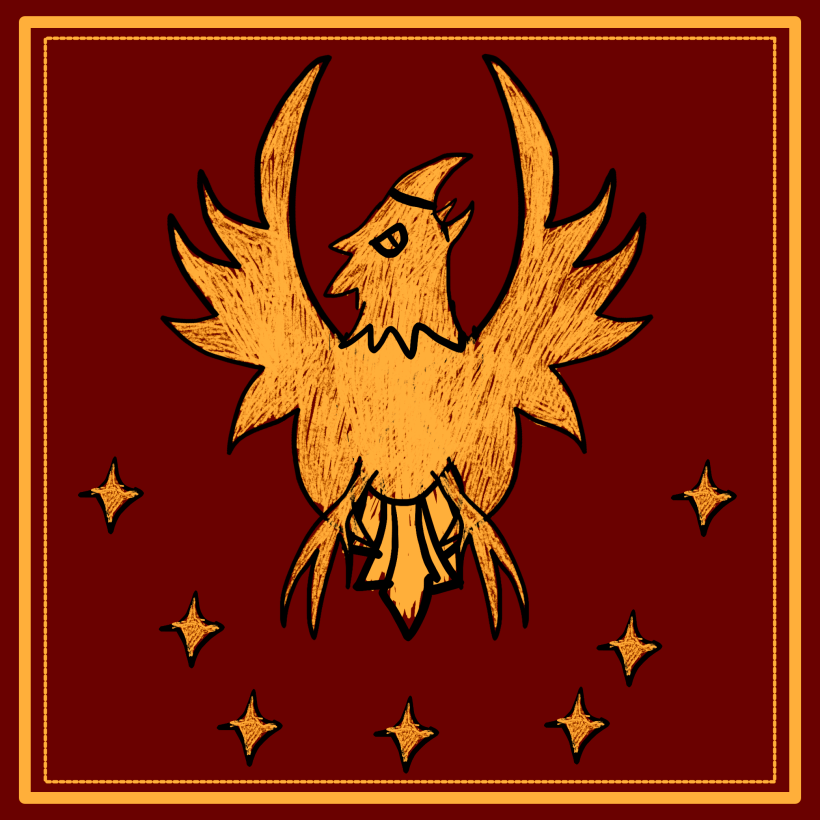 The banner of the League of Creusa: a phoenix and seven four-pointed stars, gold on red.