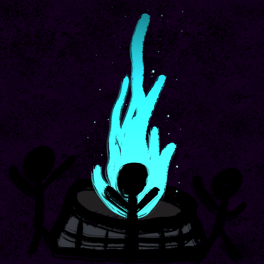 Three people performing a ritual around a blue fire.