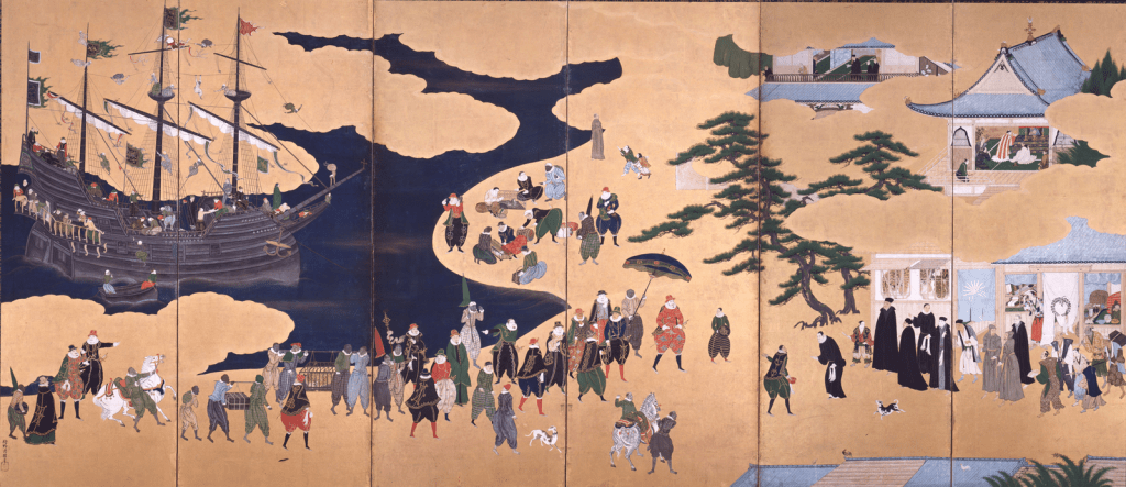 "Arrival of the Southern Barbarians Screen:" Kanō Naizen. Image via Wikimedia commons. Public Domain.