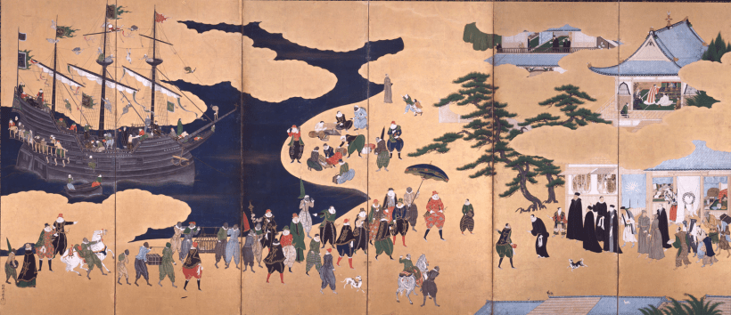 Arrival of the Southern Barbarians Screen: Kanō Naizen. Image via Wikimedia Commons. Public Domain.