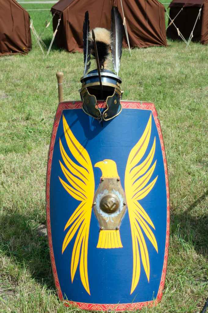 A Roman shield and helmet.