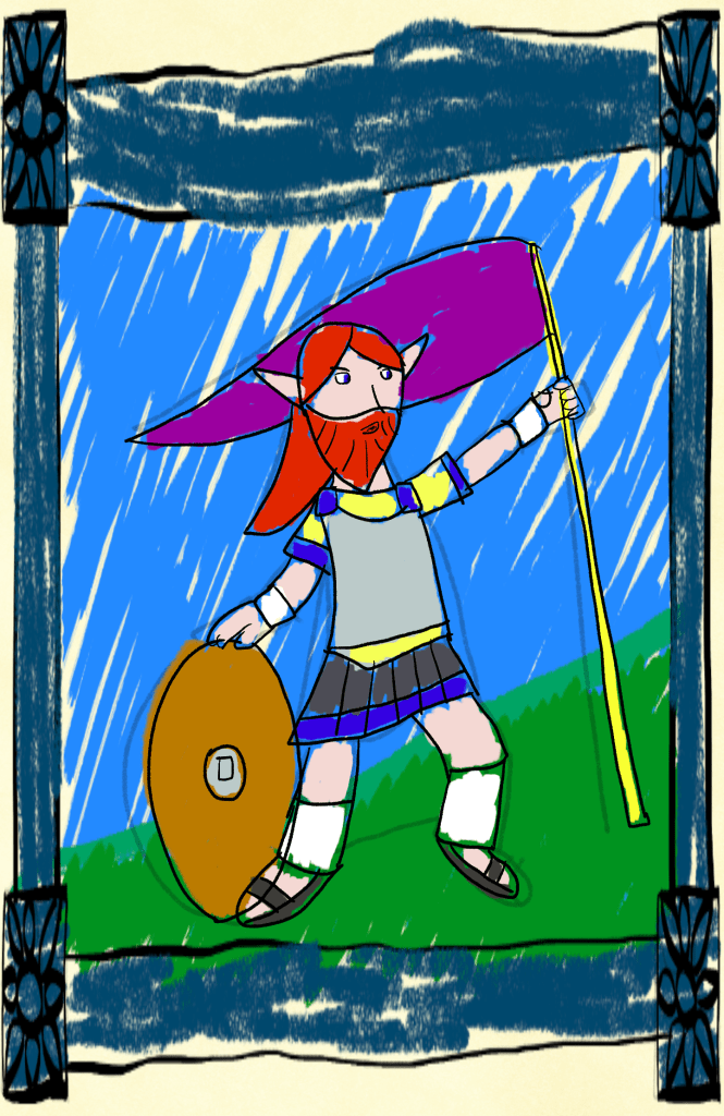 An illuminated manuscript of Quintus Marcelllinus Styracosaurus, a bearded Elf soldier.