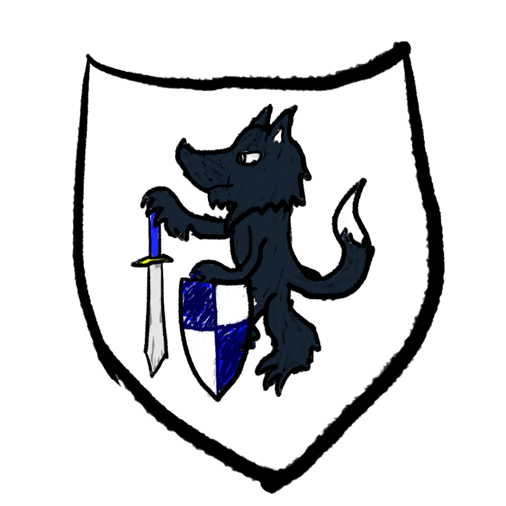 A shield with the emblem of the Wolf Knights: a black wolf holding a sword and a blue-and-white shield.