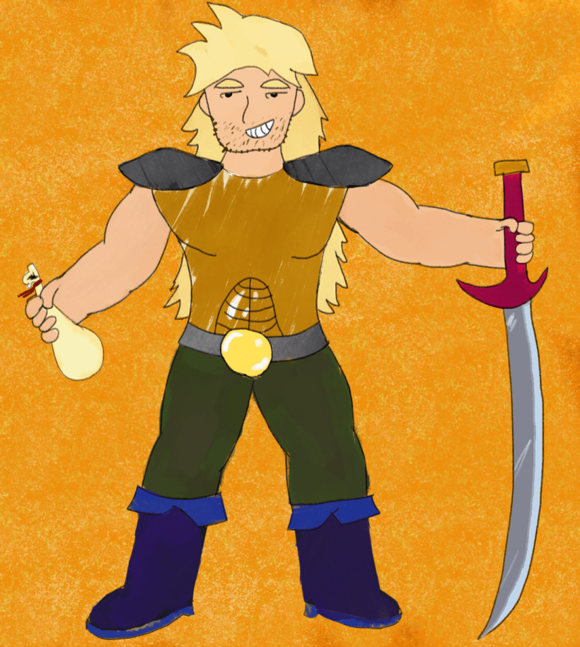 Wulfbert the Handsome, a muscular man in armour with long hair holding a pouch of money and a sword.