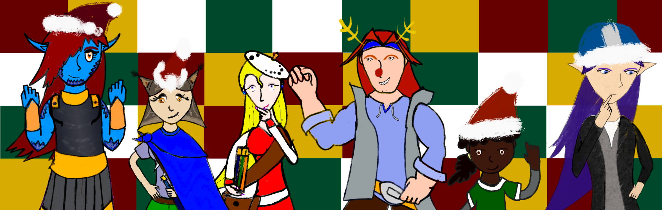 The Middlesbrooke character in Christmas hats.