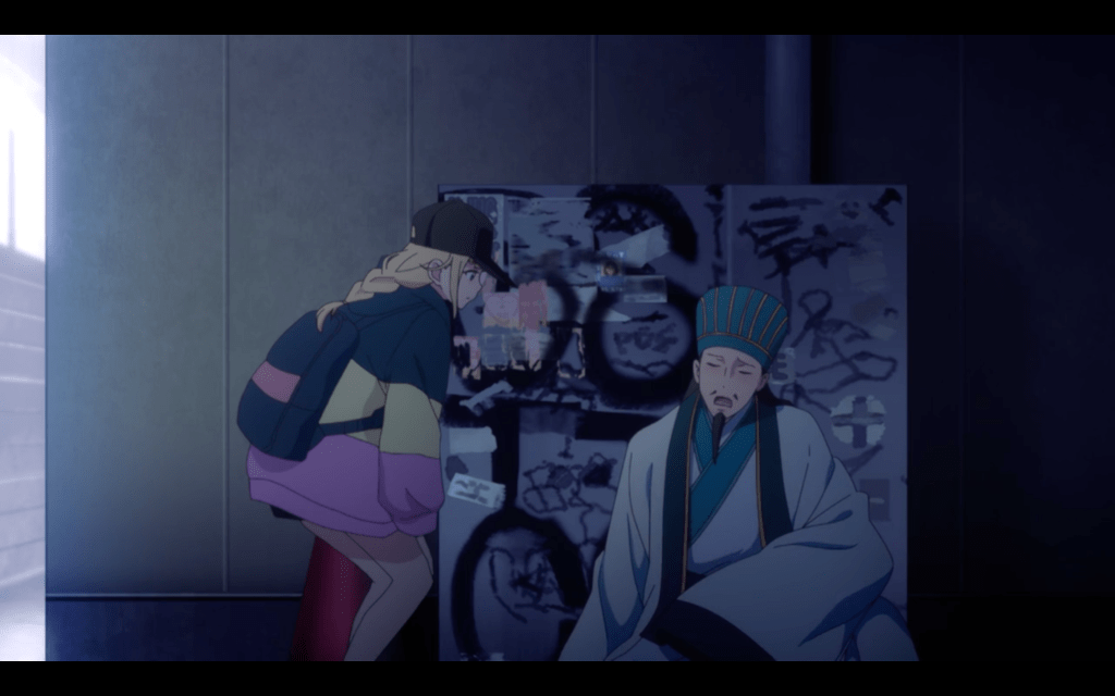 A scene from "Ya Boy Kongming!", Eiko and a hungover Zhuge Liang.