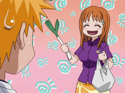 Orihime from Bleach twirling a leek.
