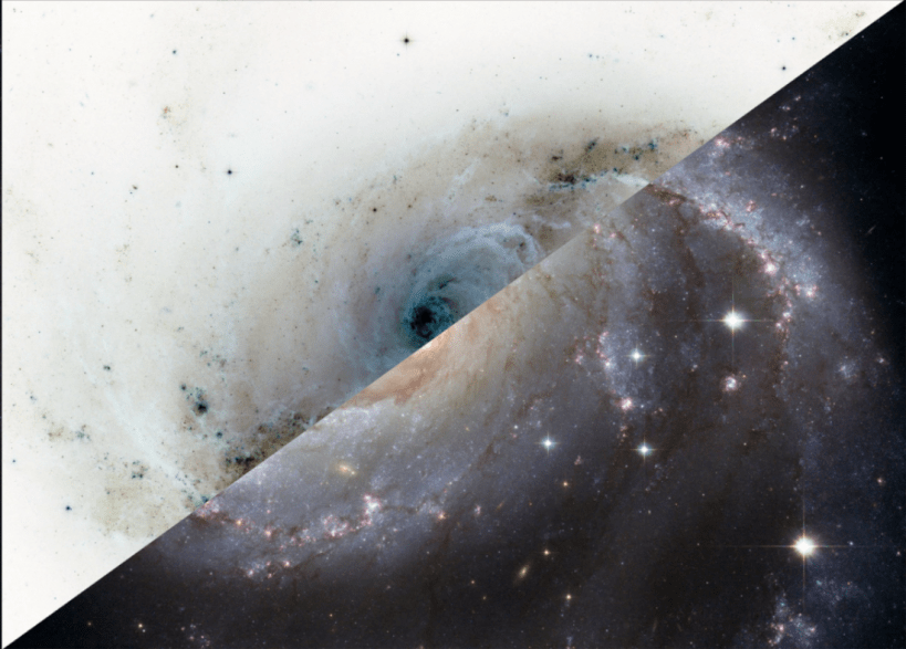 A galaxy with its two halves in inverted colours, mirrored vertically and horizontally from the other image of a galaxy.