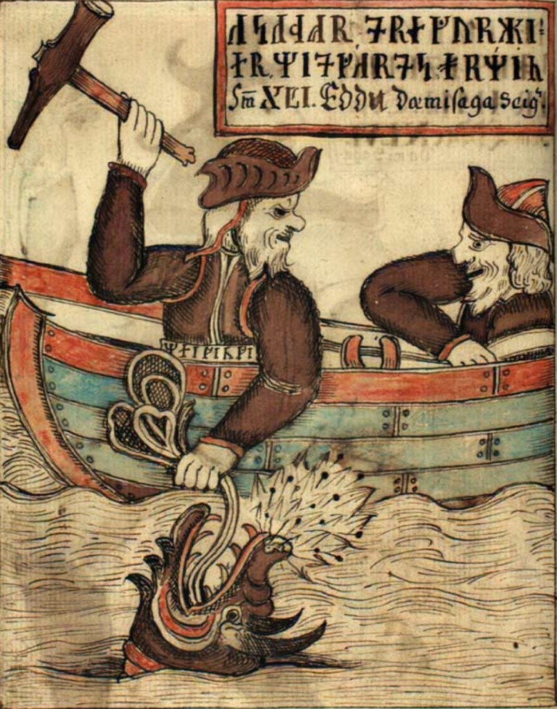 An Icelandic manuscript depicting Thor battling Jörmungand.