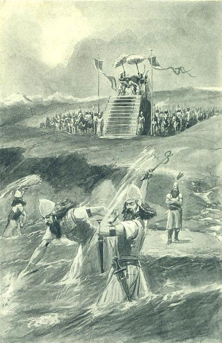 Persian King Xerxes ordering his soldiers to beat up the ocean.