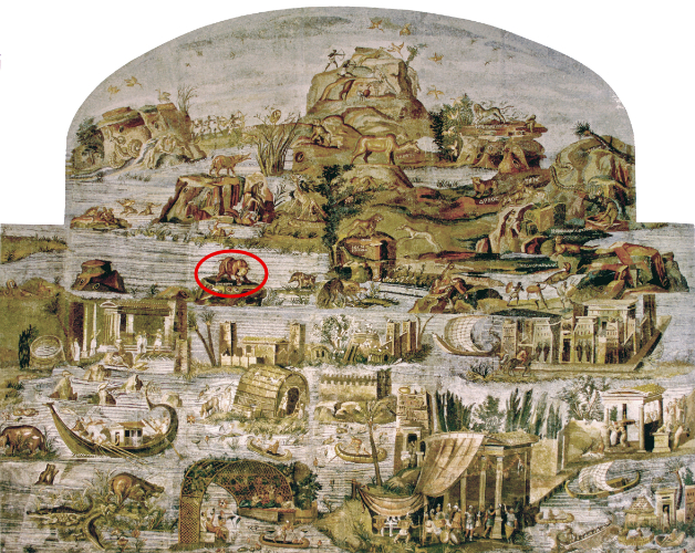 The Nile mosaic of Palestrina, with the rhinoceros indicated in a red circl.