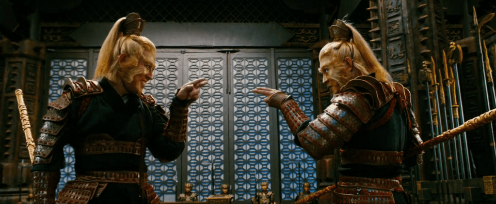 Jet Li as the Monkey King in "The Forbidden Kingdom", with a duplicate of himself.