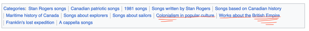 The categories listed on the Wikipedia article for "Northwest Passage" with 'Colonialism in Popular Culture' and 'Works about the British Empire' underlined.
