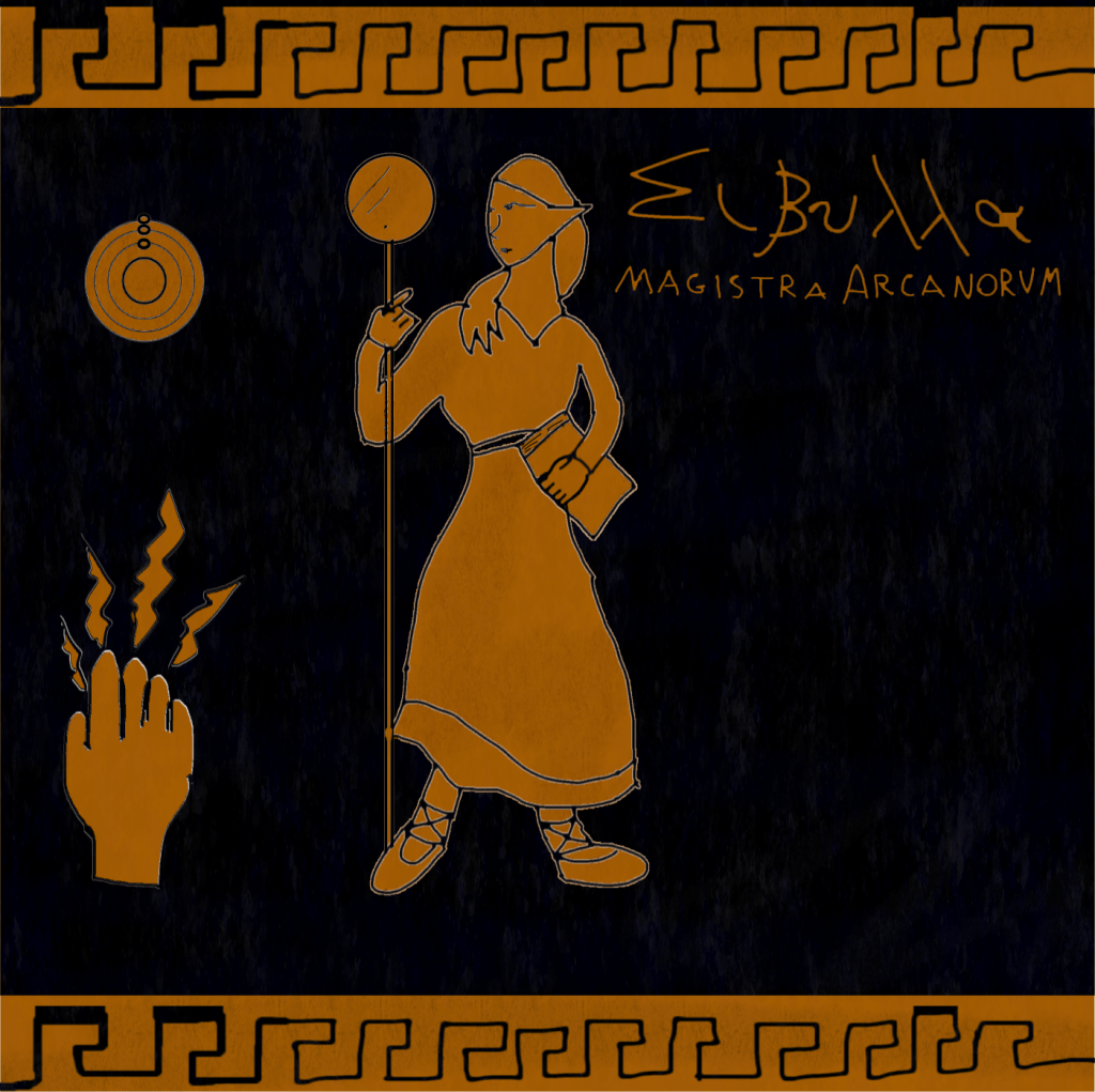 The Amazon Sibylla done in the style of a Greek red-figure painting.