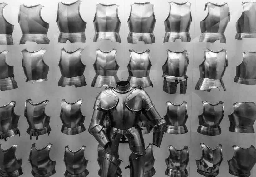 A display of various medieval body armour.