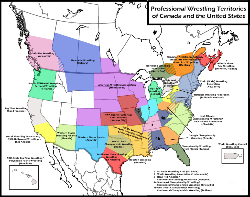 A map of the National Wrestling Alliance's territories.