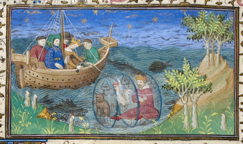 Alexander the Great being lowered into the sea in a glass diving bell.