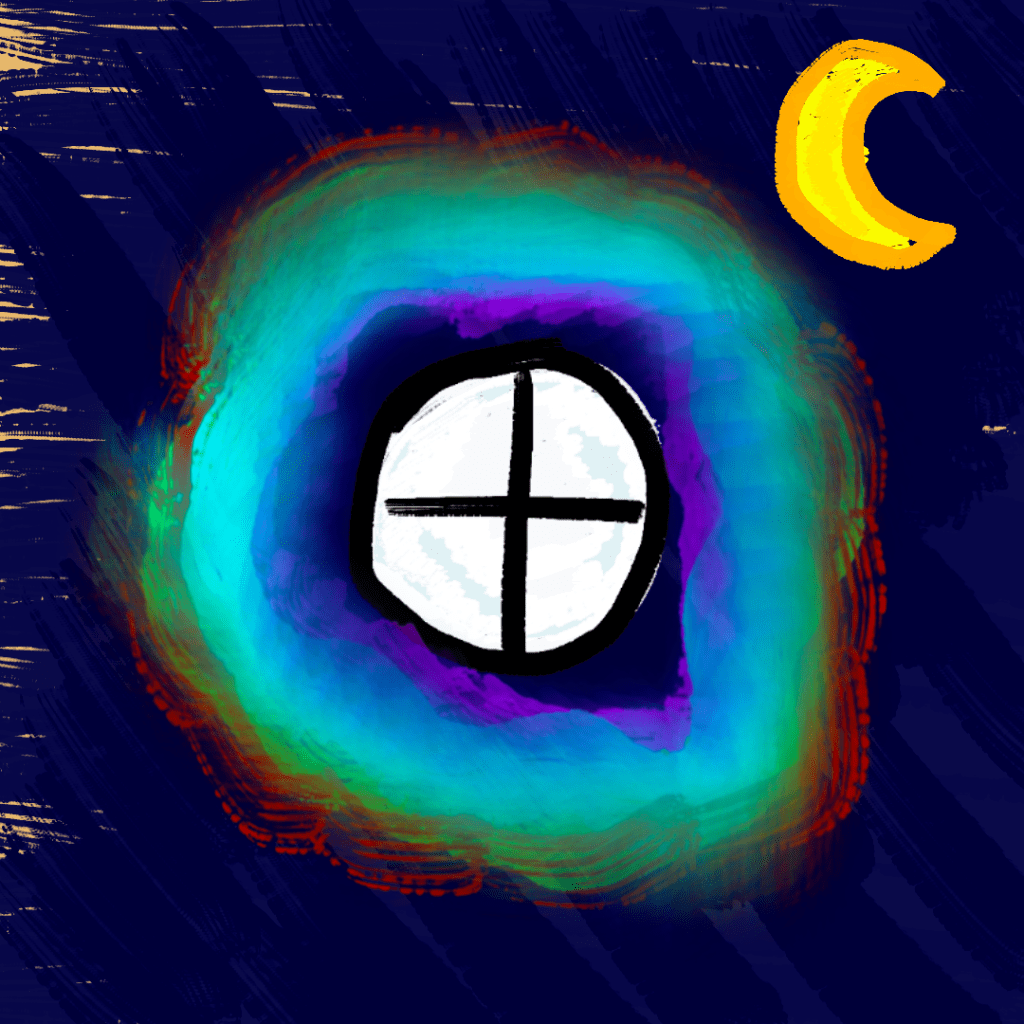 Astrological symbols for the world of Terrace, the Sublunar Realm, and the Sphere of the Moon.