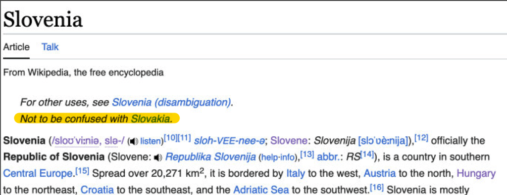 The lede of the Wikipedia article about Slovenia. With "Not to be confused with Slovakia." highlighted.