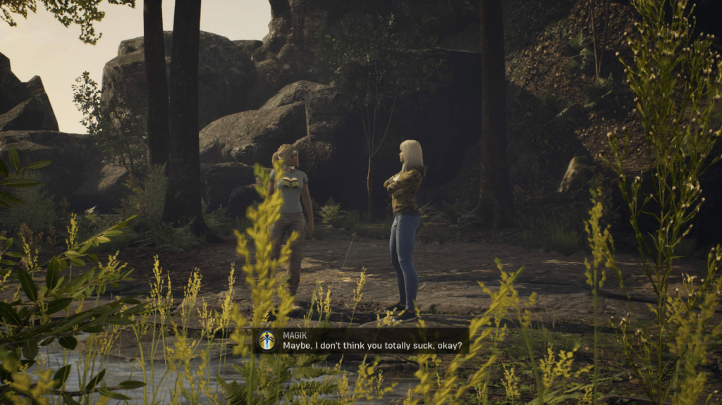 Magik saying she doesn't think the Hunter totally sucks in "Midnight Suns".