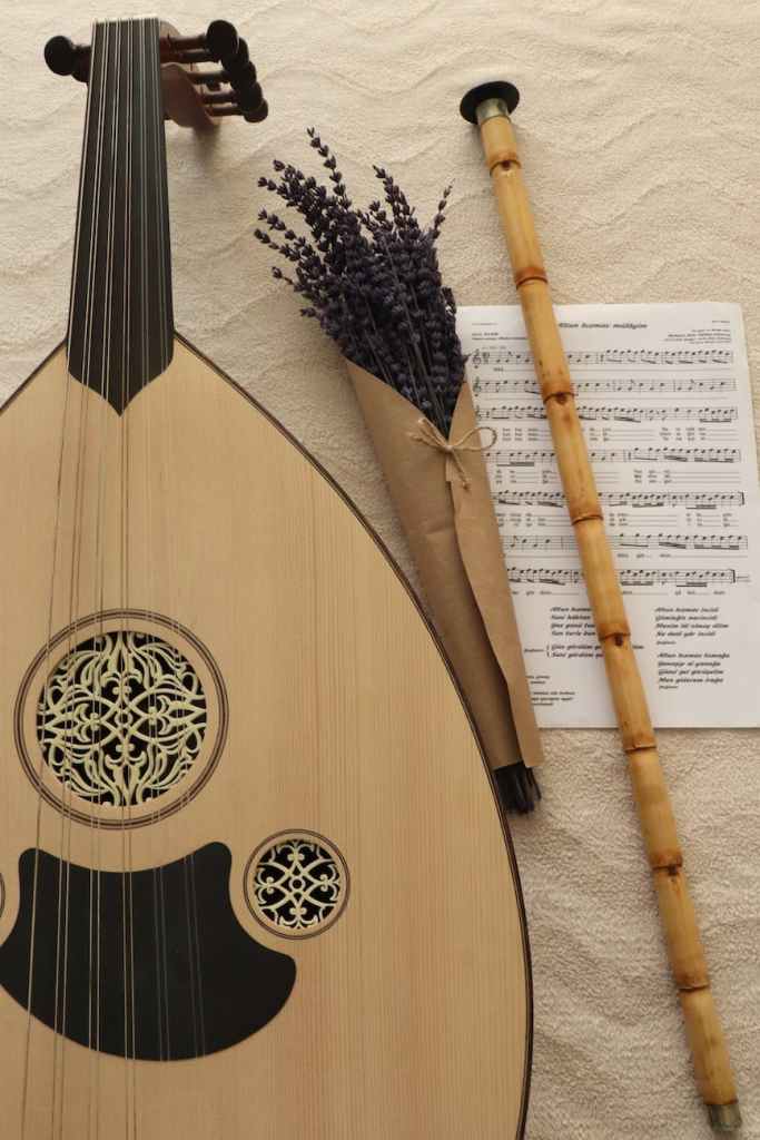 A lute and some other musical equipment.