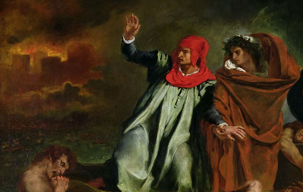 Eugène Delacroix's "The Barque of Dante", cropped to focus on Dante and Virgil.