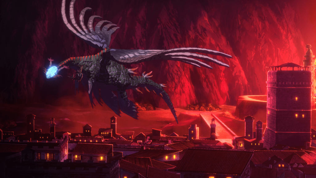 A Dragon from Drifting Dragons flying over a town.