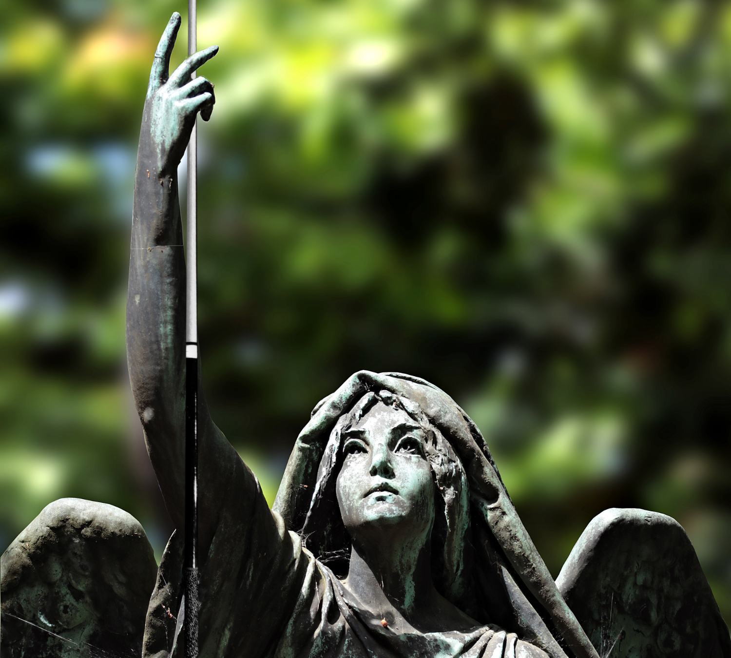 An image of an angel statue edited to be holding a pool cue. Modified from images by NoName_13 and StockSnap on Pixabay.