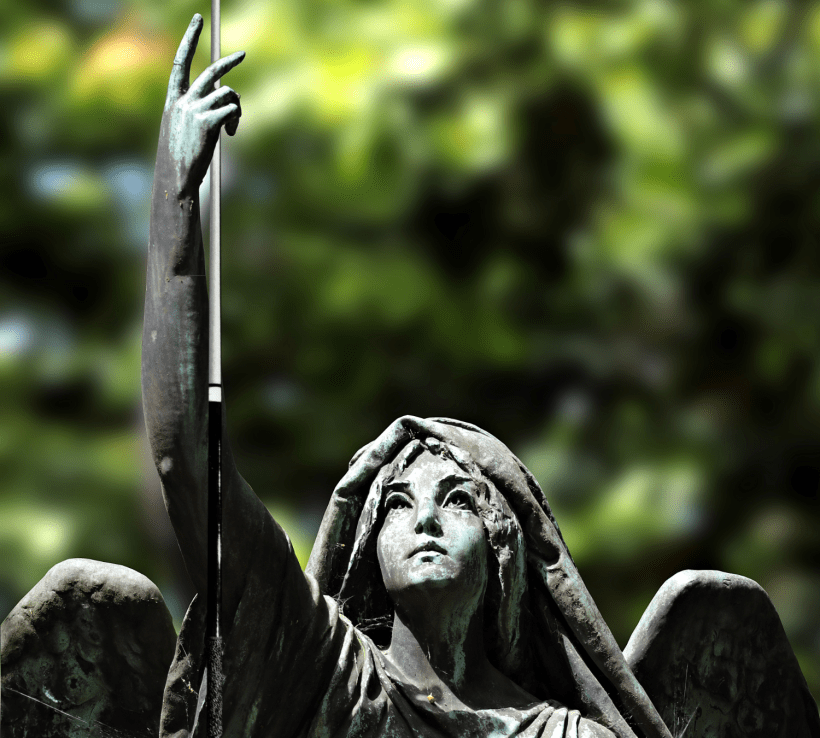 An image of an angel statue edited to be holding a pool cue. Modified from images by NoName_13 and StockSnap on Pixabay.